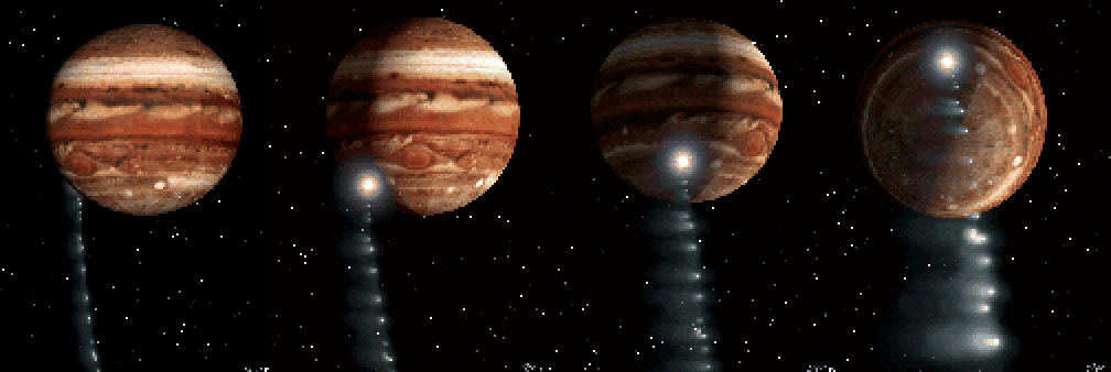 (图14)苏梅克-列维9号彗星被木星撕裂,正在坠入木星