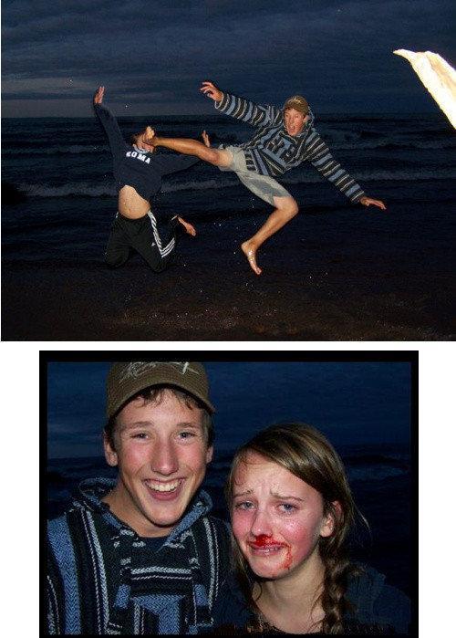 一对情侣在海边拍照,准备摆一个飞翔的姿势. zt