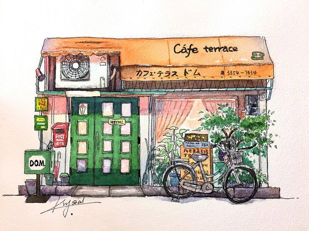 用水彩描繪出日本街邊的可愛小店鋪 zt