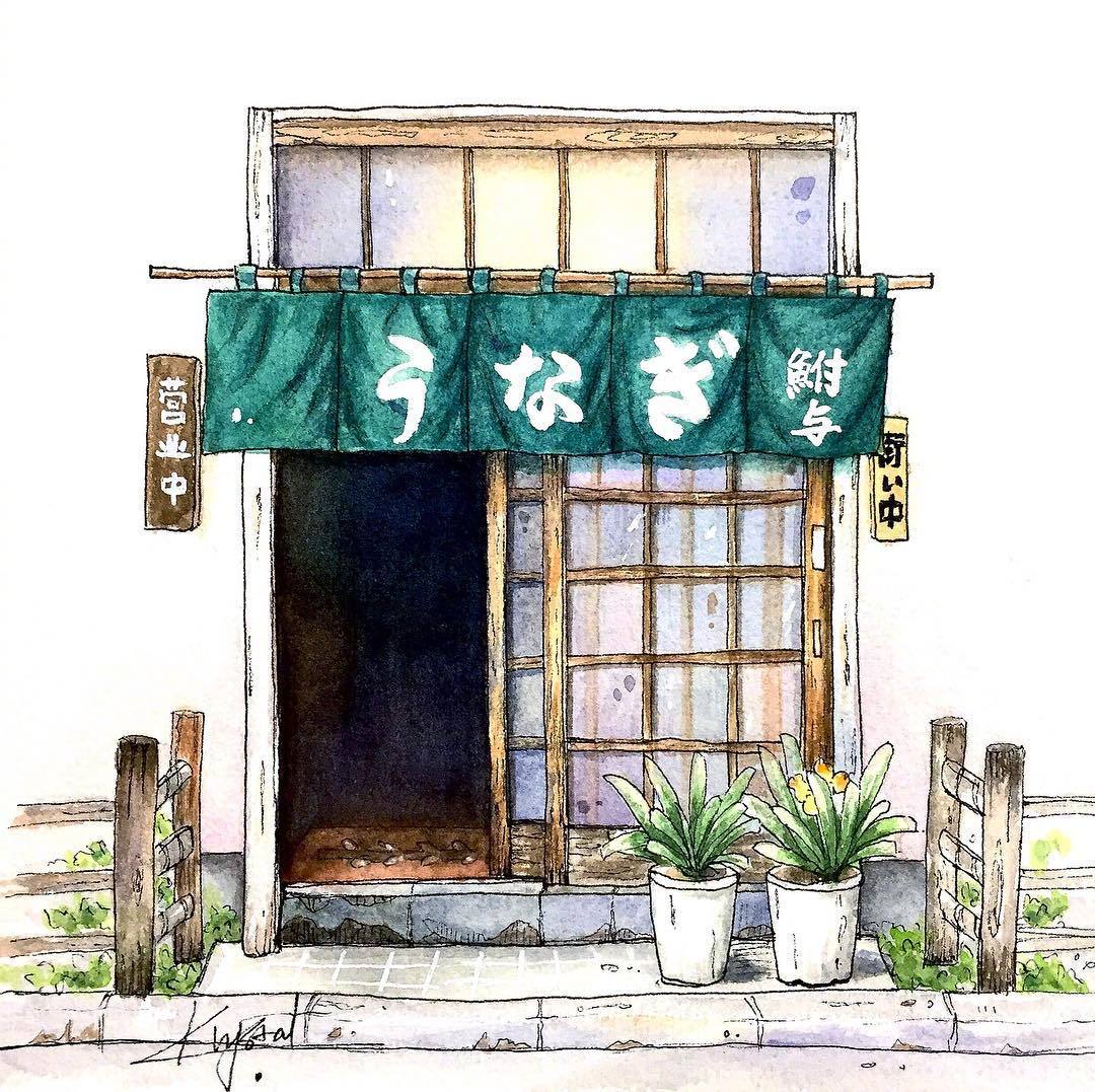 用水彩描繪出日本街邊的可愛小店鋪 zt