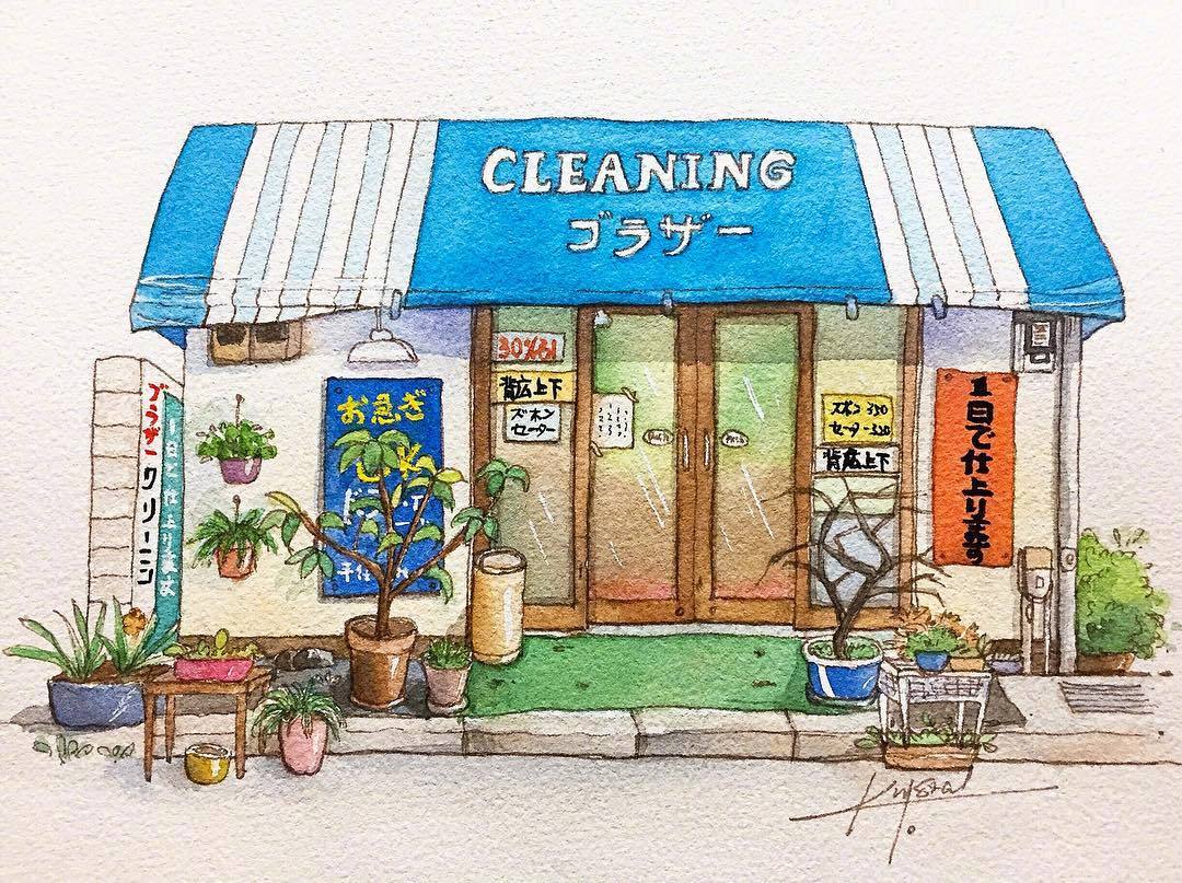 用水彩描绘出日本街边的可爱小店铺 zt