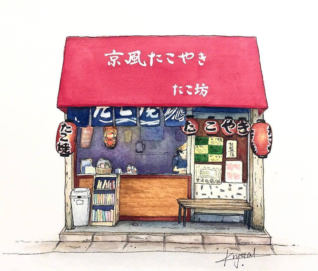 用水彩描繪出日本街邊的可愛小店鋪 zt