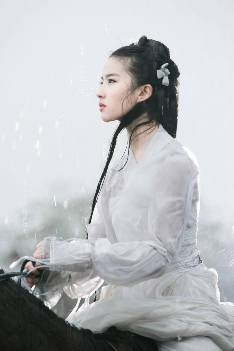 刘亦菲版小龙女照片,雨中一袭白衣骑马,什么水平? zt