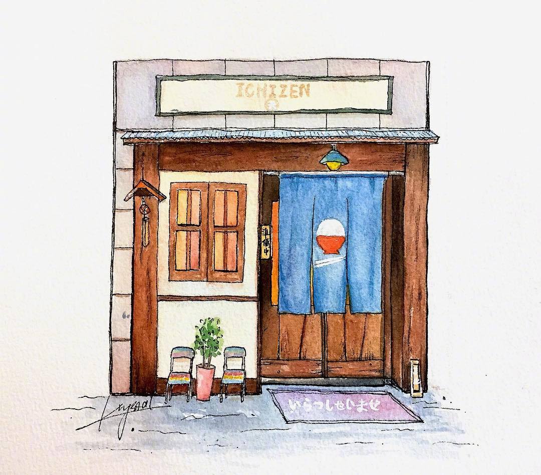 用水彩描绘出日本街边的可爱小店铺 zt